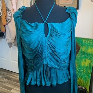 House of Harlow 1960 Ruched Emerald Green Satin Blouse Size US L